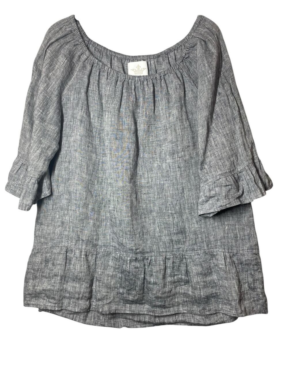 Crown Linen Designs Top Gray Size Small Ruffle 3/4 Sleeve Hem